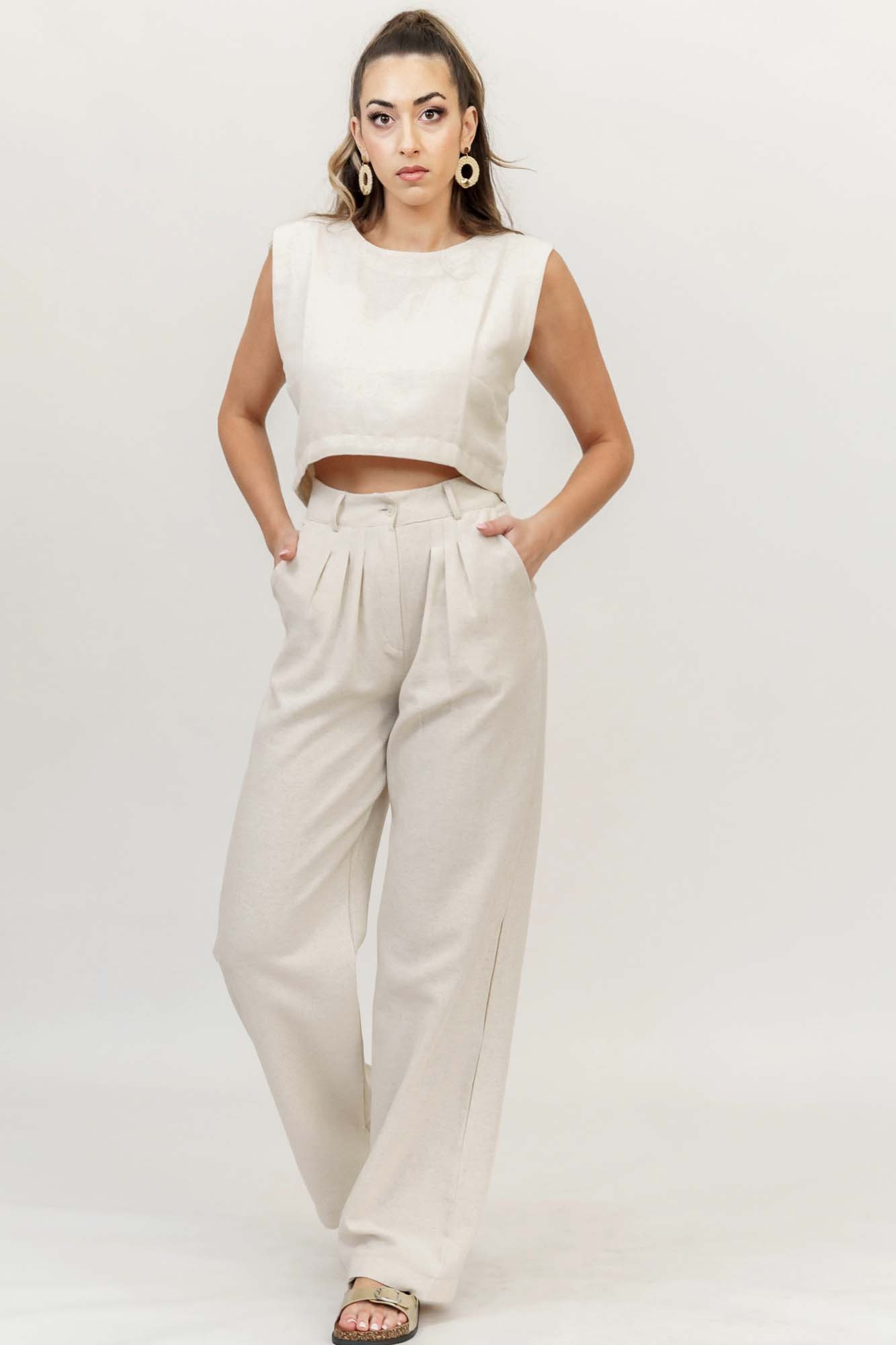 Λινό σετ μπλούζα-παντελόνι με λινή όψη