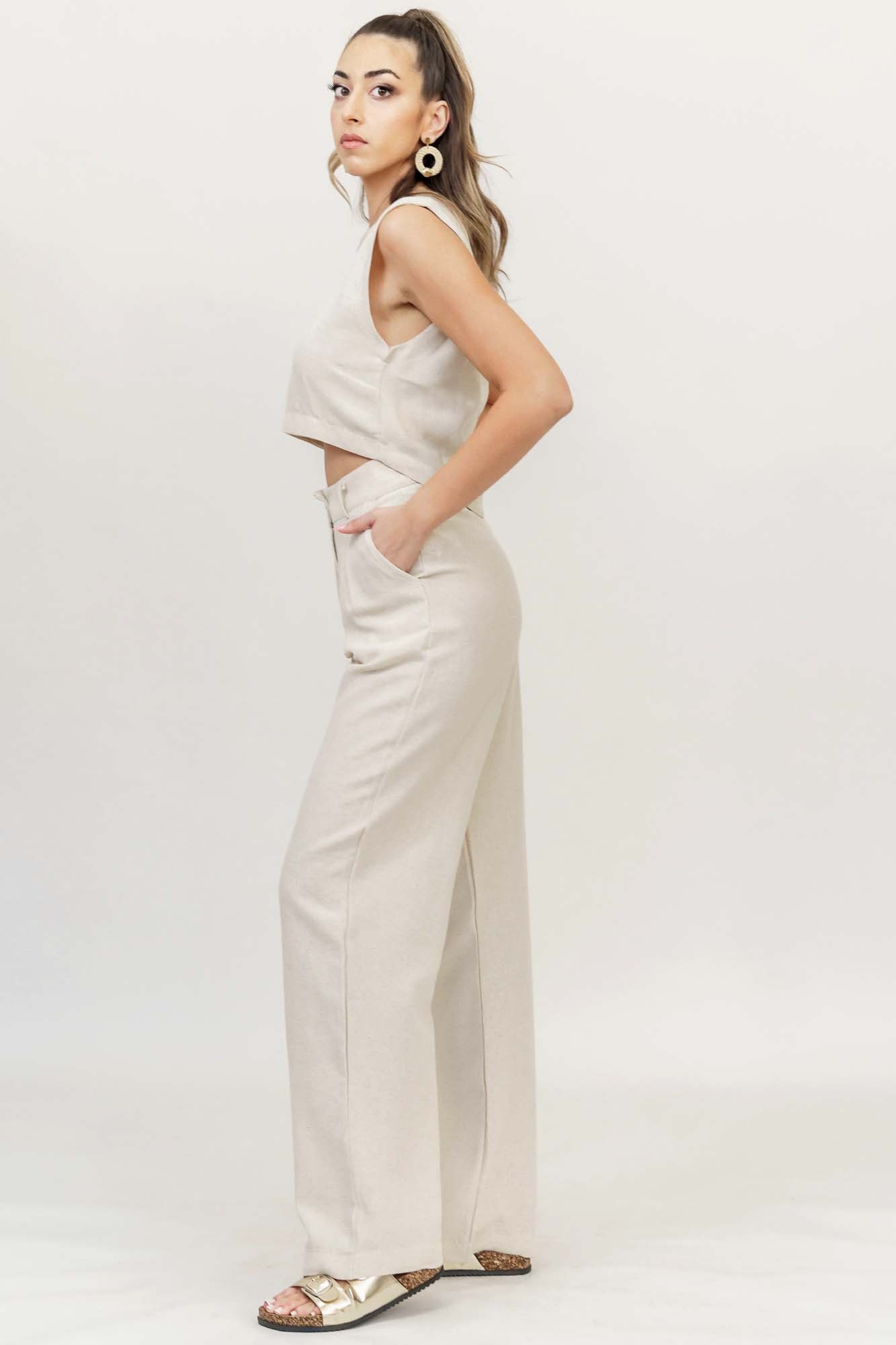 Λινό σετ μπλούζα-παντελόνι με λινή όψη