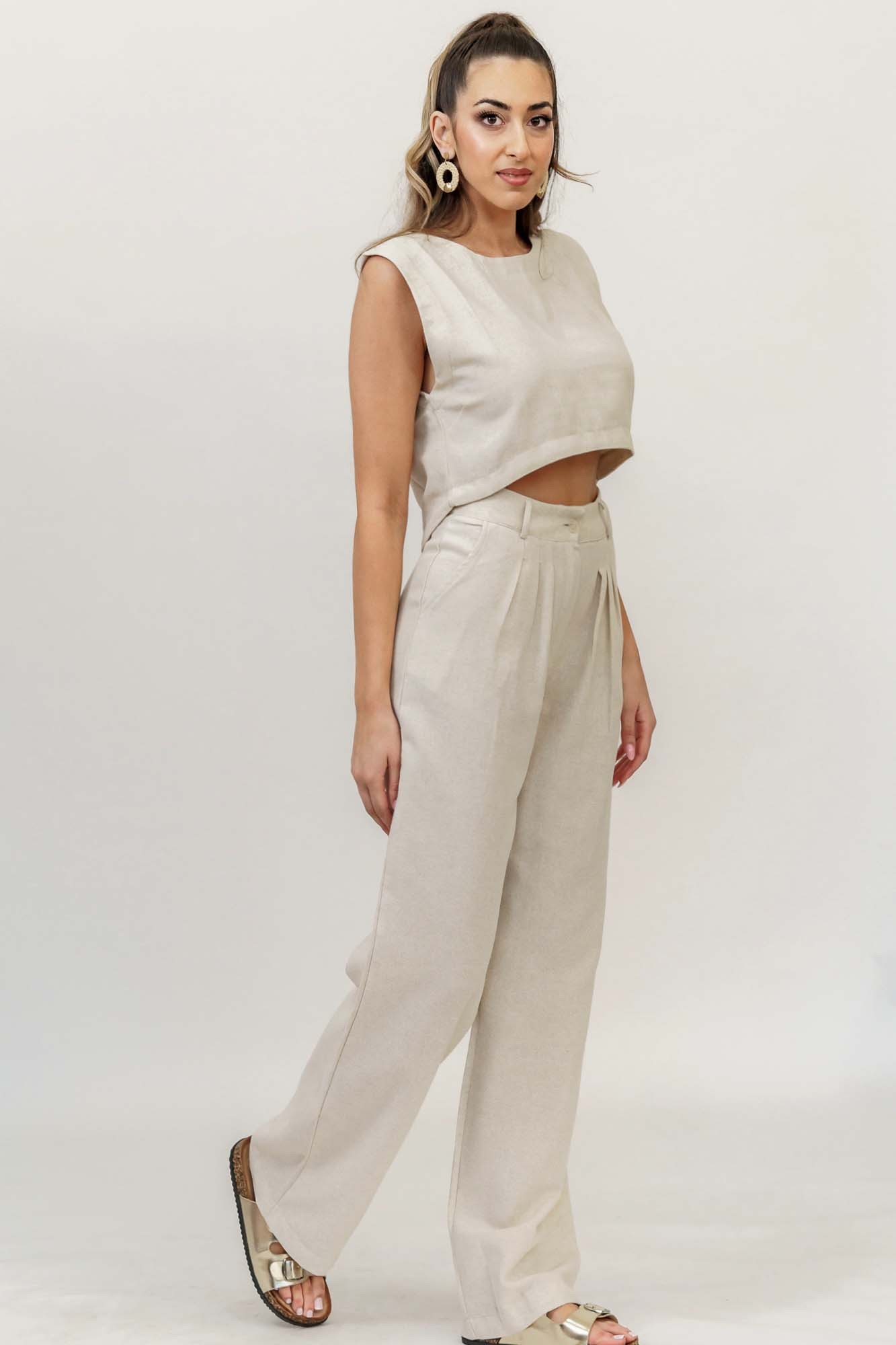 Λινό σετ μπλούζα-παντελόνι με λινή όψη